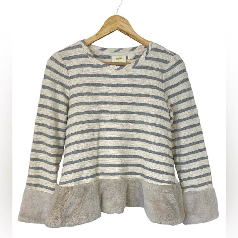 Anthropologie Maeve Astor Fur Trimmed Long Sleeve Top Size XS